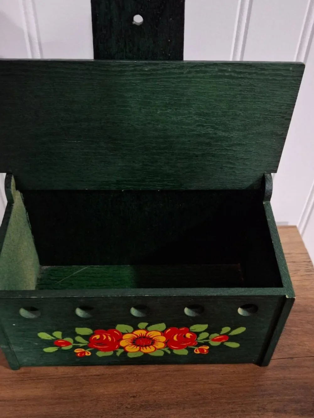 Vintage Wooden Wall Kitchen Box Recipe Green Floral Painted Cottagecore Storage